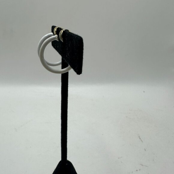 Lewis Segal Gold Clip-On Hoop Earrings White Enamel Accent Vintage Style - Picture 2 of 5